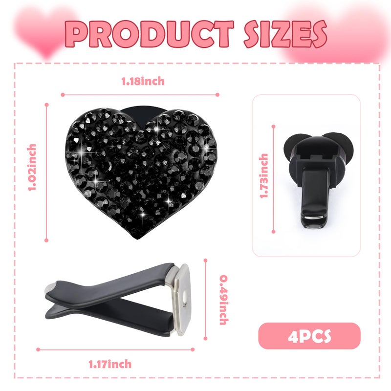 carleef 4Pcs Heart-Shaped Car Vent Clips With Rhinestone Bling Air Vent Clips Car Decorations Premium Shiny Car Clips For Vents Accessories Interior (Black) - Image 2