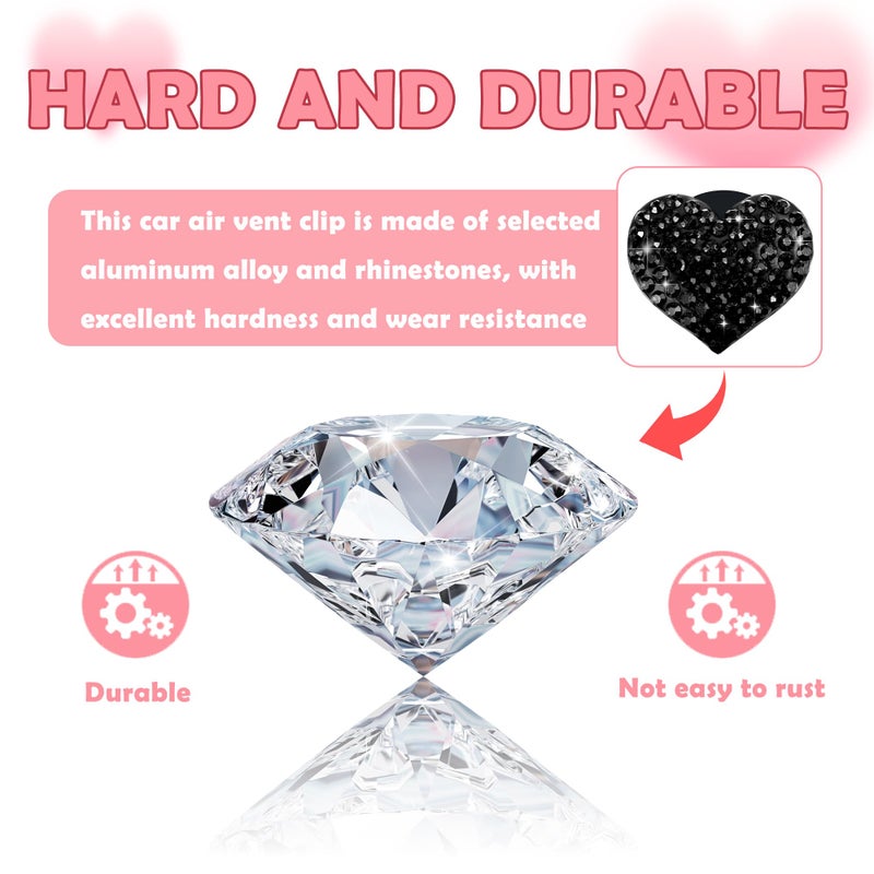carleef 4Pcs Heart-Shaped Car Vent Clips With Rhinestone Bling Air Vent Clips Car Decorations Premium Shiny Car Clips For Vents Accessories Interior (Black) - Image 3