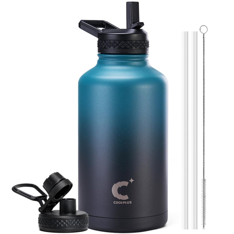 64 oz Water Bottle Insulated Coolplus Half Gallon Insulated Water Jug With Straw Stainless Steel DoubleWalled Vacuum Metal Large Flask BpaFree Leakproof Keep Cold 48 Hrs Hot 24hrs Blue Black