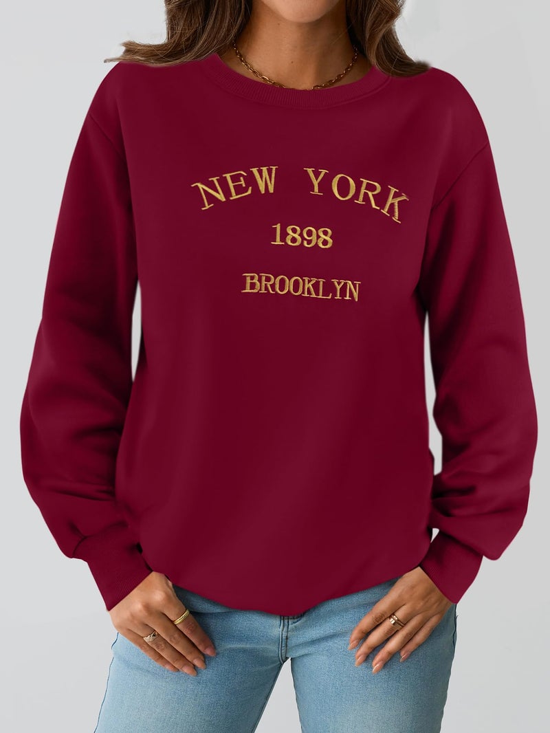 Hilinker Women's Graphic Crewneck Sweatshirts Cute Pullover Casual Loose Long Sleeve Tops Burgundy New York Medium - Image 2