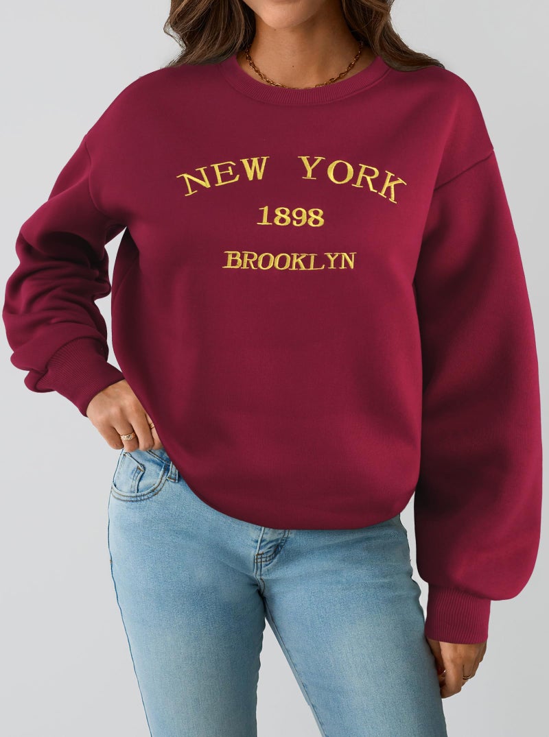 Hilinker Women's Graphic Crewneck Sweatshirts Cute Pullover Casual Loose Long Sleeve Tops Burgundy New York Medium - Image 3