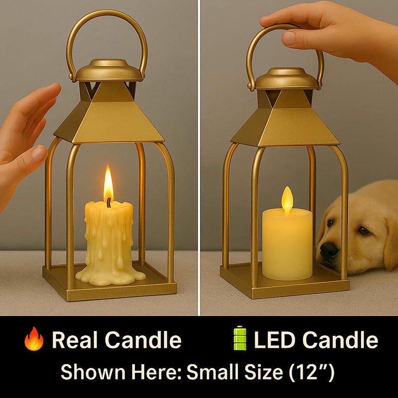 ZLFart Decorative Metal Lanterns Indoor Outdoor, Candle Holder for Porch, Patio, Fireplace, Floor, Wedding, Christmas, Fall, Holiday, Farmhouse Table Centerpiece (Gold, Set of 2 15.7" 12") - Image 3