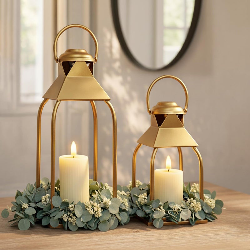 ZLFart Decorative Metal Lanterns Indoor Outdoor, Candle Holder for Porch, Patio, Fireplace, Floor, Wedding, Christmas, Fall, Holiday, Farmhouse Table Centerpiece (Gold, Set of 2 15.7" 12") - Image 1