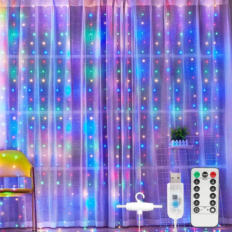 صن نيست سلسلة أضواء ستارة عيد الميلاد 300 LED 9.8FT × 9.8FT 8 أوضاع إضاءة أضواء خرافية مع جهاز تحكم عن بعد تعمل بالطاقة USB مقاومة للماء لتزيين غرفة النوم والحفلات وحفلات الزفاف والحديقة والجدران في عيد الميلاد - 4 ألوان - Image 1
