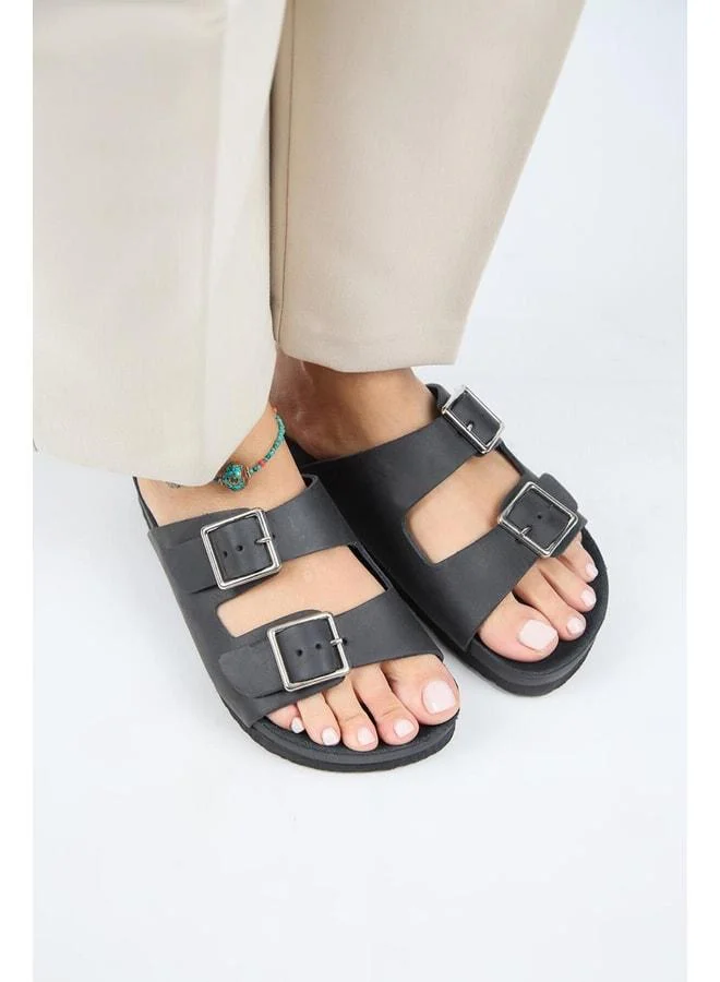 Manijero  (Anjelic Distressed) Women's Genuine Leather Double Buckle Black Slipper. for Women | Best Price UAE