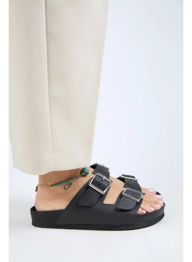Manijero  (Anjelic Distressed) Women's Genuine Leather Double Buckle Black Slipper. for Women | Best Price UAE