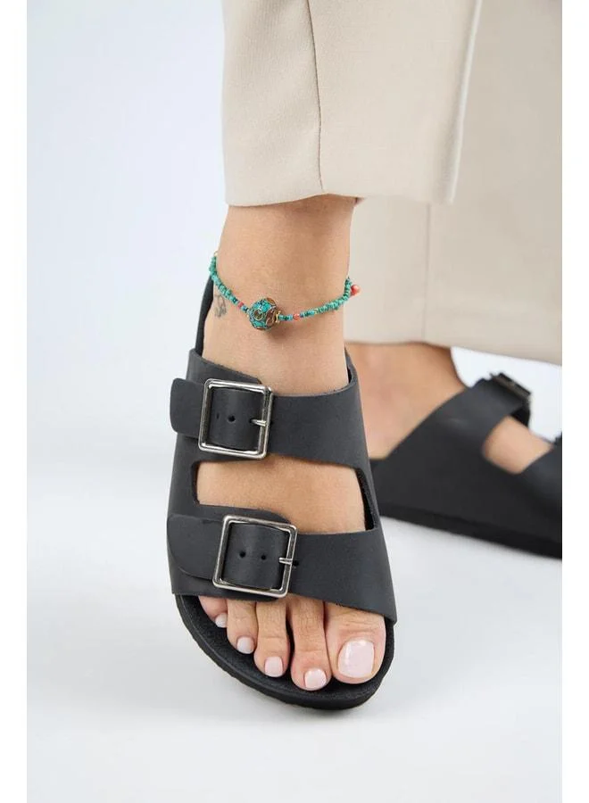 (Anjelic Distressed) Women's Genuine Leather Double Buckle Black Slipper.