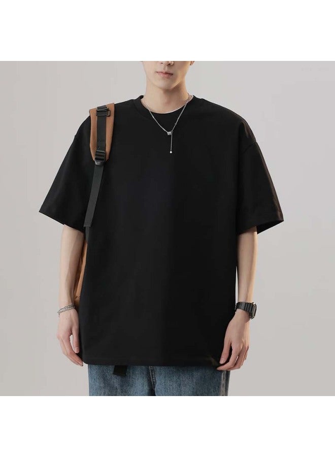 Homlean Loose Solid Color Short Sleeve T-shirt Men Spring Summer Pure Cotton Comfortable Basic Style Undershirt 5 Black XL - Image 1
