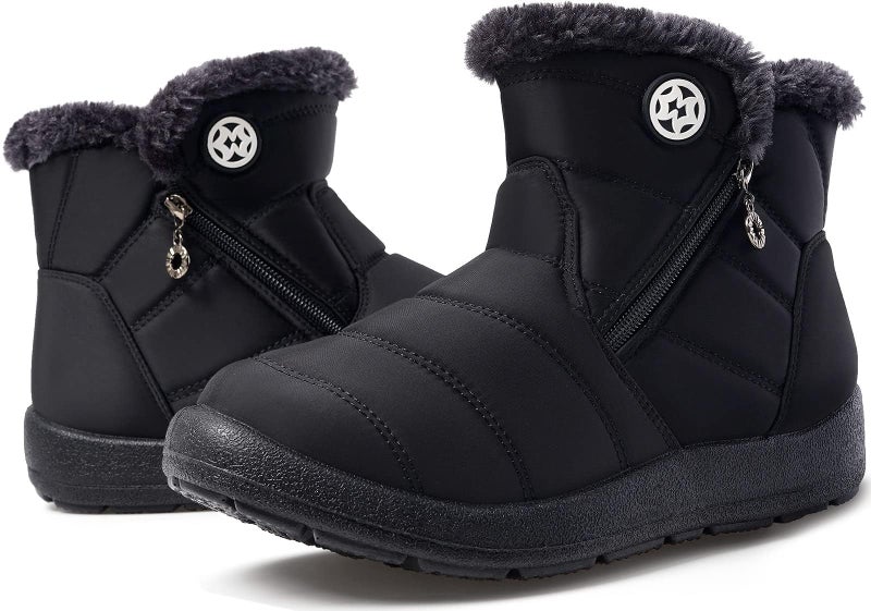 Eagsouni Snow Boots Womens Winter Ankle Boots Ladies Warm Fur Lined Booties Thickening Shoes Zip Flat Sneakers Outdoor Booties High Top Black, US 11, 43 EU - Image 3