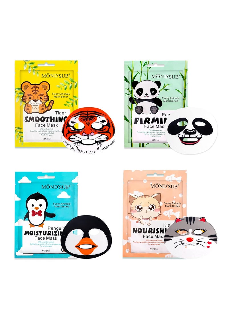 Mond'sub Animal Spa Mask Character Masks Sheet Penguin Panda Tiger Cat Nourishing Moisturizing Effects For All Skin Types Birthday Party Gift for her Girls Night Spa Night Beauty Gift 4pack 