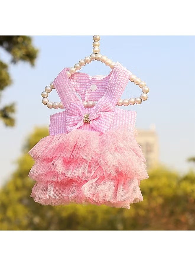 فستان أنيق مخطط من قماش شبكي رائع للكلاب والقطط والأرانب، مناسب للصغار، بتصميم أميرة، مزين بفيونكة، مناسب للكلاب الصغيرة، مثل كلاب البوميرانيان والتشيهواهوا، تنورة، مناسب للجراء (وردي، مقاس كبير). - Image 5