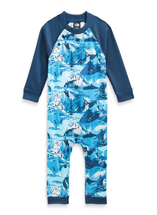 THE NORTH FACE Infant Waffle One-Piece Kids Baselayer Acoustic Blue Snow Peak Mountains Print 0-3mo - Image 1