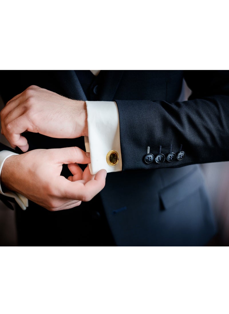JADWAR - A gold steel cufflink with an elegant, classic design, featuring a fixed back closure - Image 1