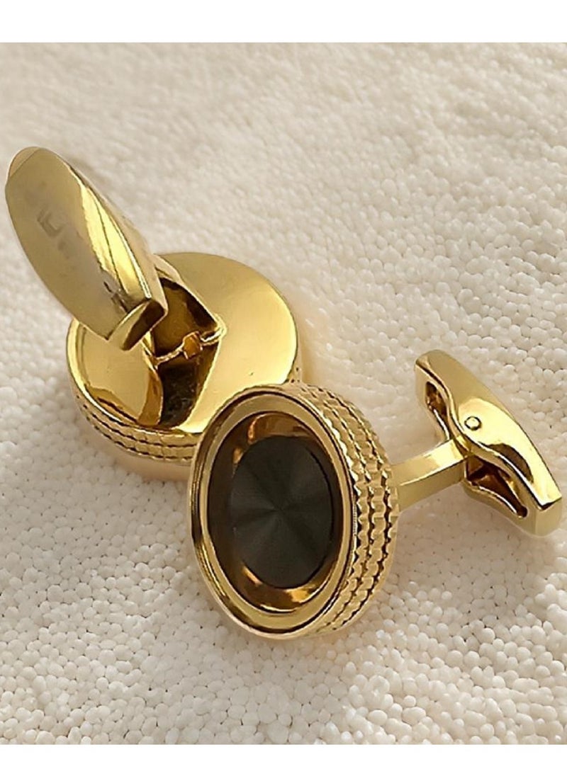 JADWAR - A gold steel cufflink with an elegant, classic design, featuring a fixed back closure - Image 1