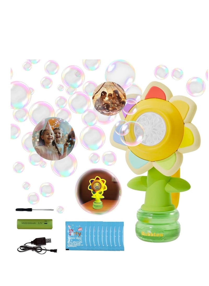 MOCOM Sunflower Bubble Machine for Kids with LED Lights, 10,000 Bubbles/Min Automatic Bubble Blower, Dancing Flower Toy with Rechargeable Battery & Bubble Solution – Outdoor Bubble Maker for Toddlers, Pets, Birthday Parties, Weddings & Events - Image 1