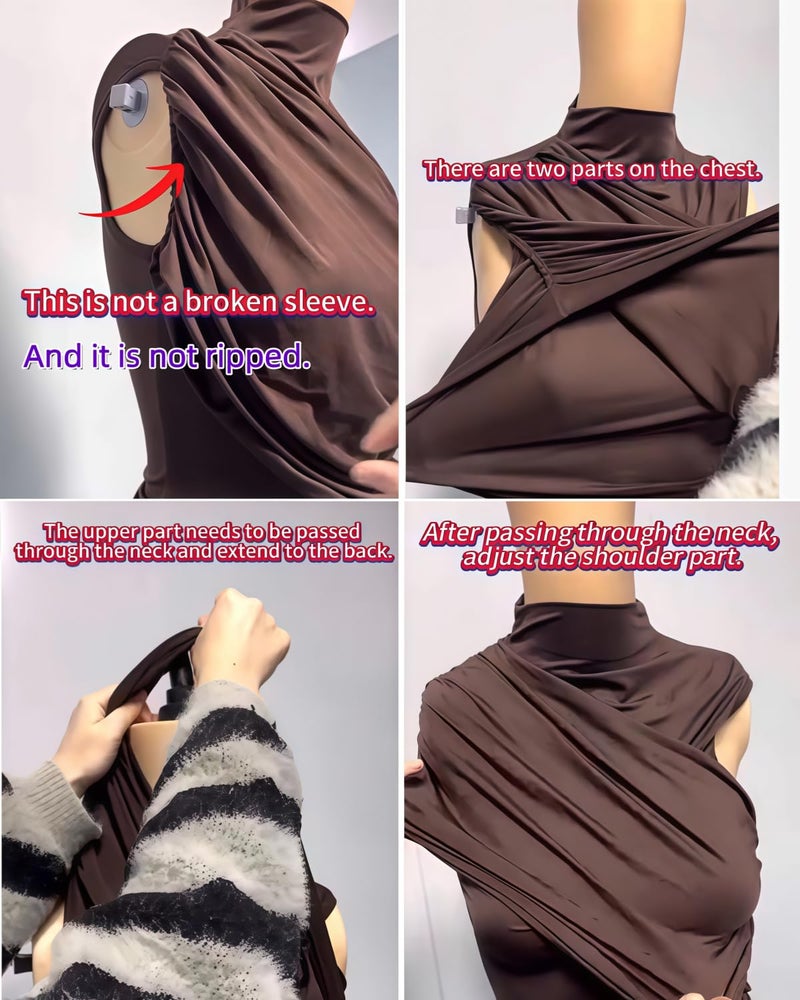 JUMISEE Women’s Elegant Irregular Ruched Mini Dress Flowy Ribbon Bodycon Cocktail Dress Sexy Pleated Formal Dresses Brown - Image 3