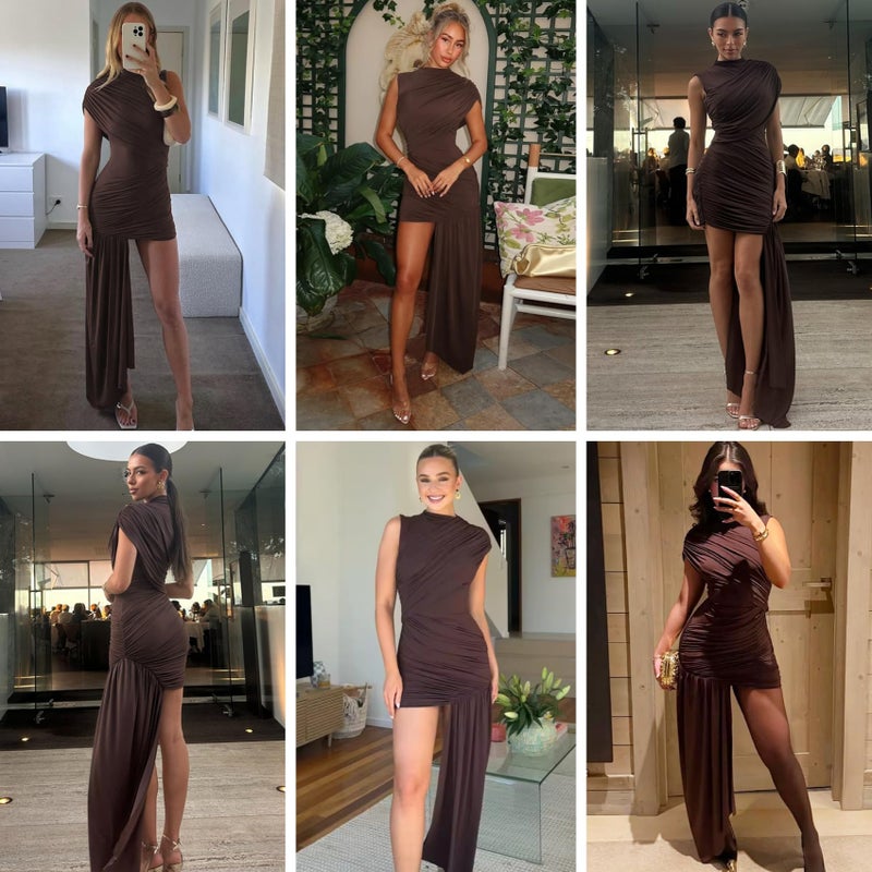 JUMISEE Women’s Elegant Irregular Ruched Mini Dress Flowy Ribbon Bodycon Cocktail Dress Sexy Pleated Formal Dresses Brown - Image 5