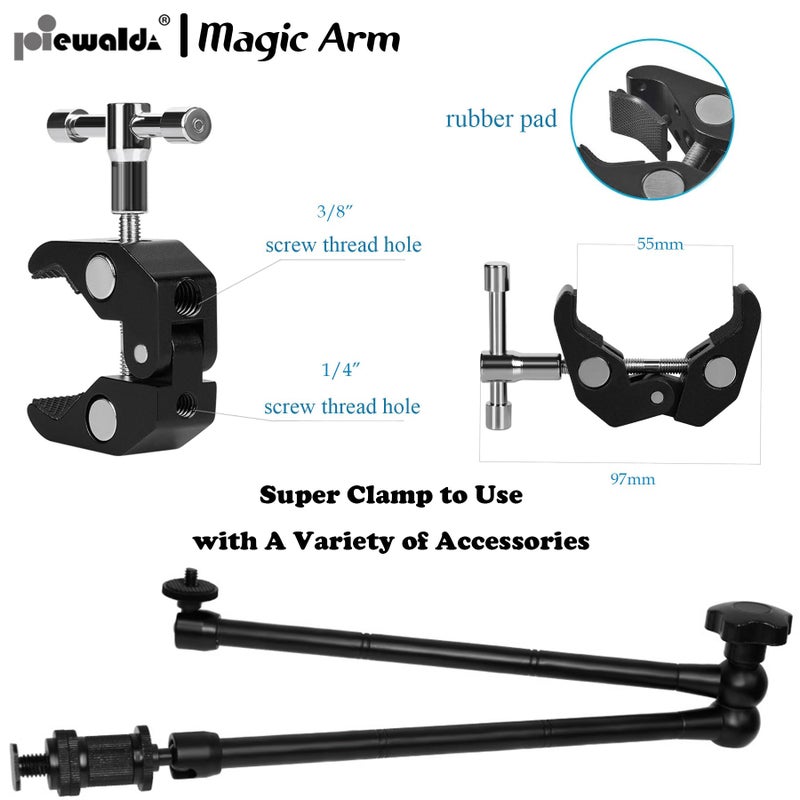 Niewalda 20" Magic Arm Clamp Kit with 1/4" & 3/8" Thread Clamp,Adjustable Friction arm- Articulating arm,with/Phone Clip/Tripod Mount Adapter,for Action Camera/DSLR/LCD Monitor/LED Lights/Cell Phone - Image 2