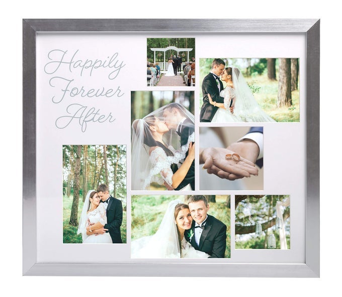 KATE MILO HAPPILY FOREVER AFTER COLLAGE PICTURE WEDDING AND NEWLYWEDS BRIDAL SHOWER GIFT MODERN WEDDING KEEPSAKE FRAME WEDDING REGISTRY GIFT SILVER FRAME
