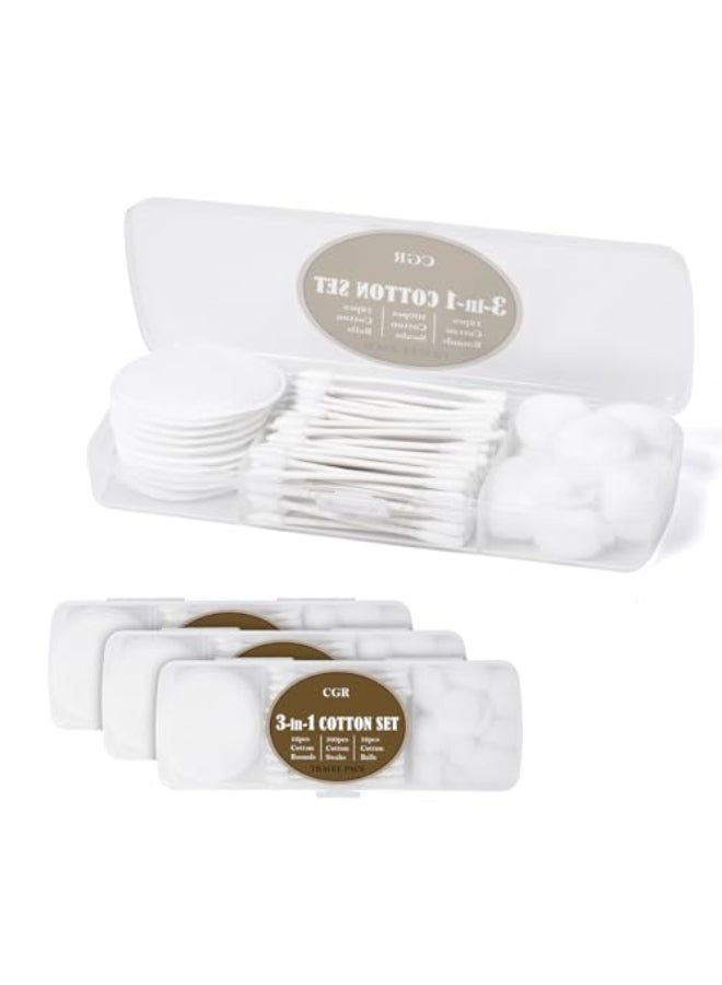 CGR Travel Cotton Swabs Set Portable eack Pack with 100 Cotton Swabs 12 Cotton Rounds 12 Cotton Balls in Reusable Storage Box for Ear Cosmetics Makeup Remover Nail Polish RemoverPack of 3 - Image 1