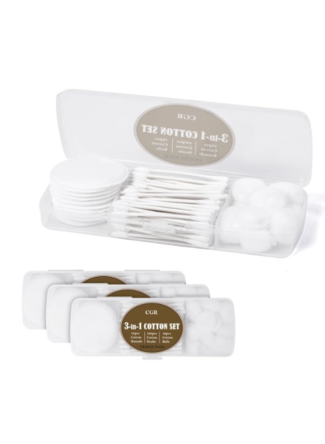 CGR Travel Cotton Swabs Set Portable eack Pack with 100 Cotton Swabs 12 Cotton Rounds 12 Cotton Balls in Reusable Storage Box for Ear Cosmetics Makeup Remover Nail Polish RemoverPack of 3 - Image 2
