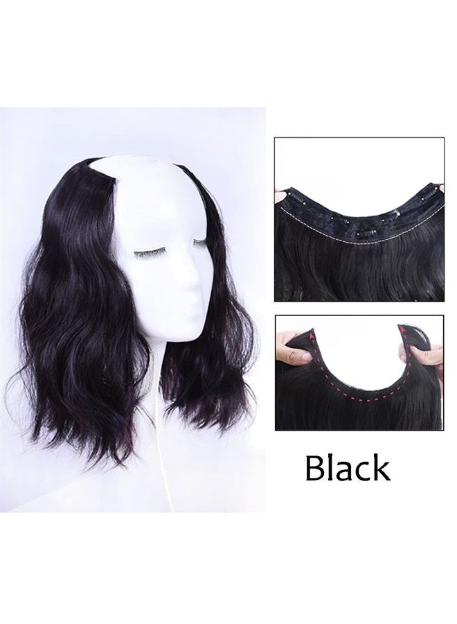 LesafeV Medium Length 12" Wavy U-Shape Part Half Wig One Piece Clip in Hair Extension Black - Image 2