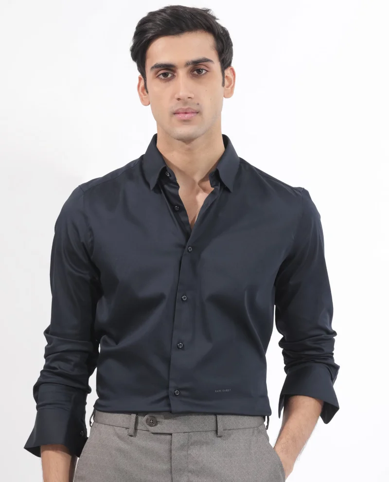 Rare Rabbit Rare Rabbit Men's Holand Navy Satin Fabric Full Sleeves Solid Shirt