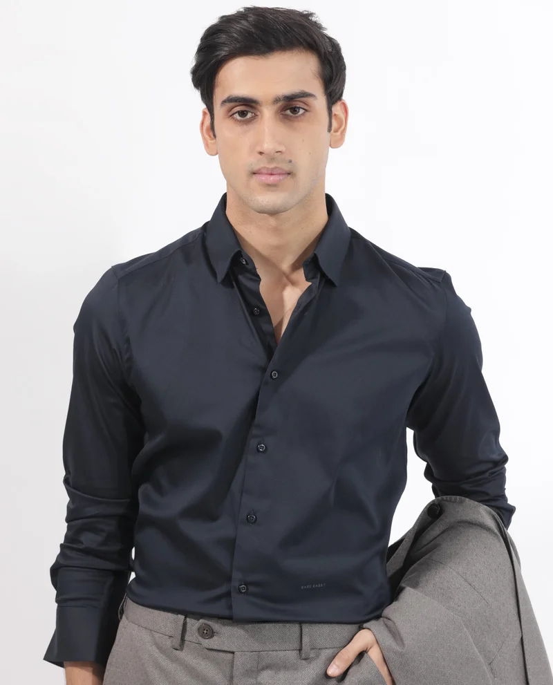 Rare Rabbit Rare Rabbit Men's Holand Navy Satin Fabric Full Sleeves Solid Shirt