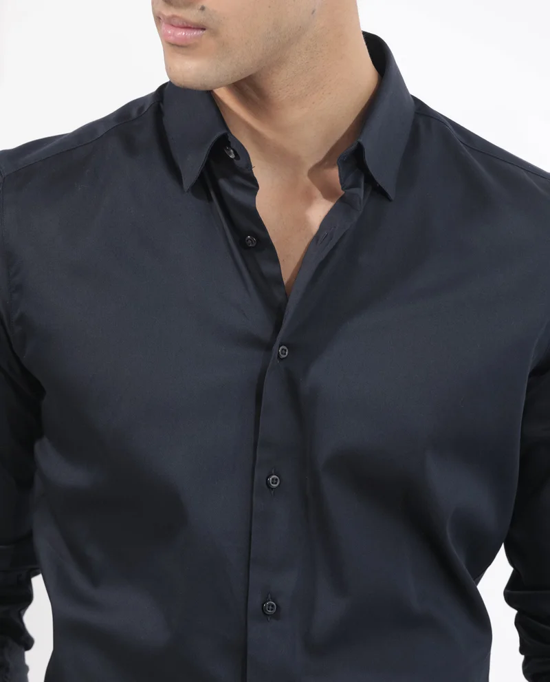 Rare Rabbit Rare Rabbit Men's Holand Navy Satin Fabric Full Sleeves Solid Shirt
