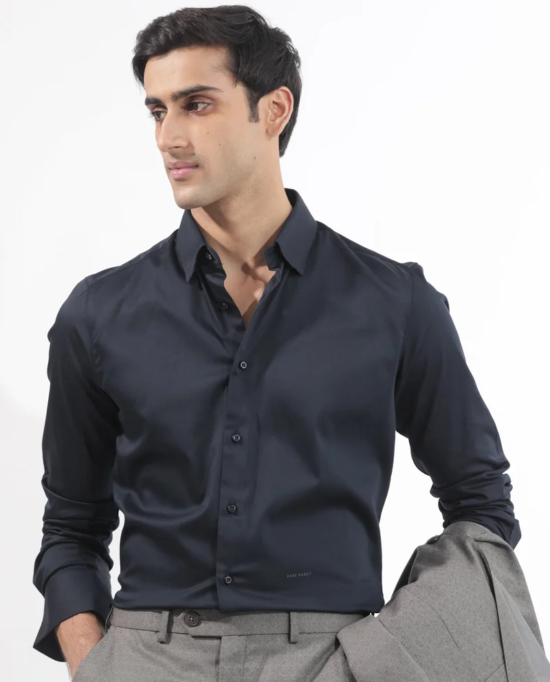 Rare Rabbit Rare Rabbit Men's Holand Navy Satin Fabric Full Sleeves Solid Shirt