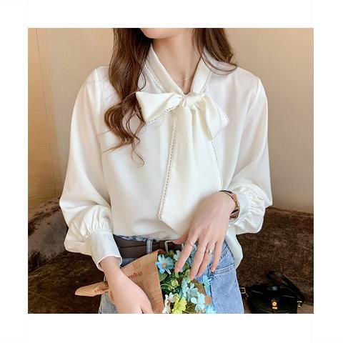 Shirt Womens 2024 Spring and Autumn New Korean Satin Chiffon Shirt Womens Bow Loose Long-sleeved Western Style Shirt Top white - Image 1