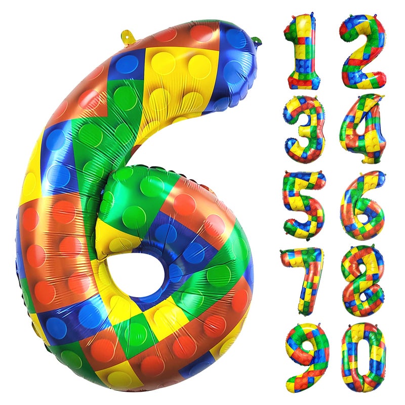 CHANGZHONG 32 Inch Building Block Number 6 Balloons 6 year birthday Block Themed Large Big Helium Foil Mylar Balloon for Girls Boys 6 th Birthday Party Decoration Supplies - Image 1