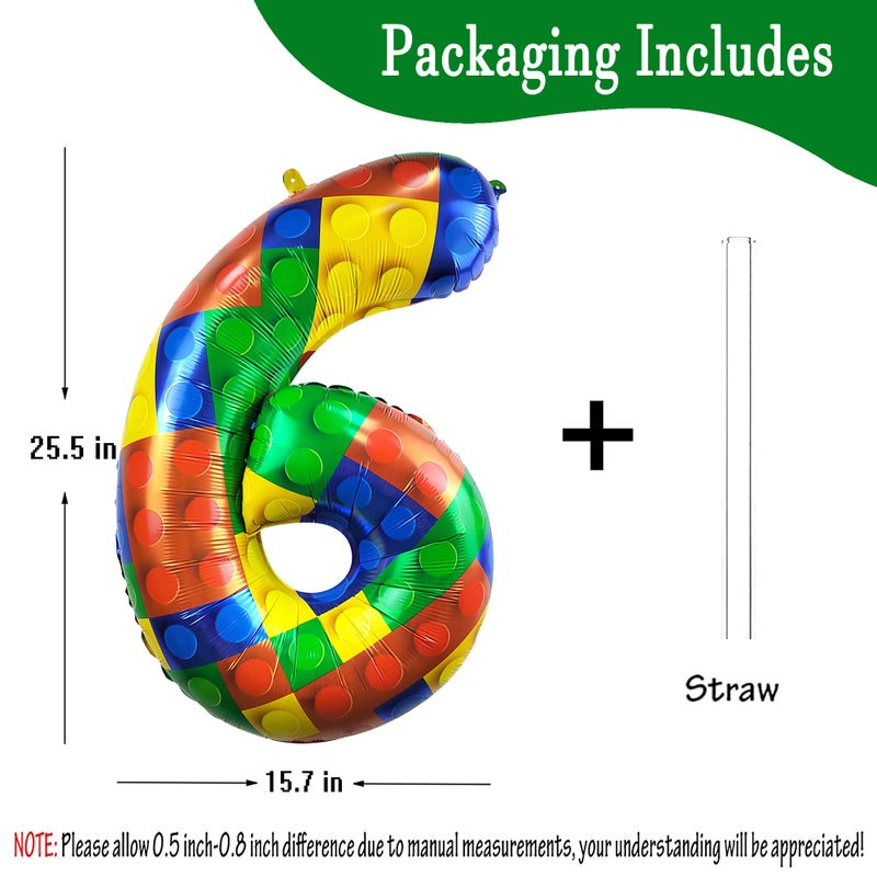 CHANGZHONG 32 Inch Building Block Number 6 Balloons 6 year birthday Block Themed Large Big Helium Foil Mylar Balloon for Girls Boys 6 th Birthday Party Decoration Supplies - Image 2