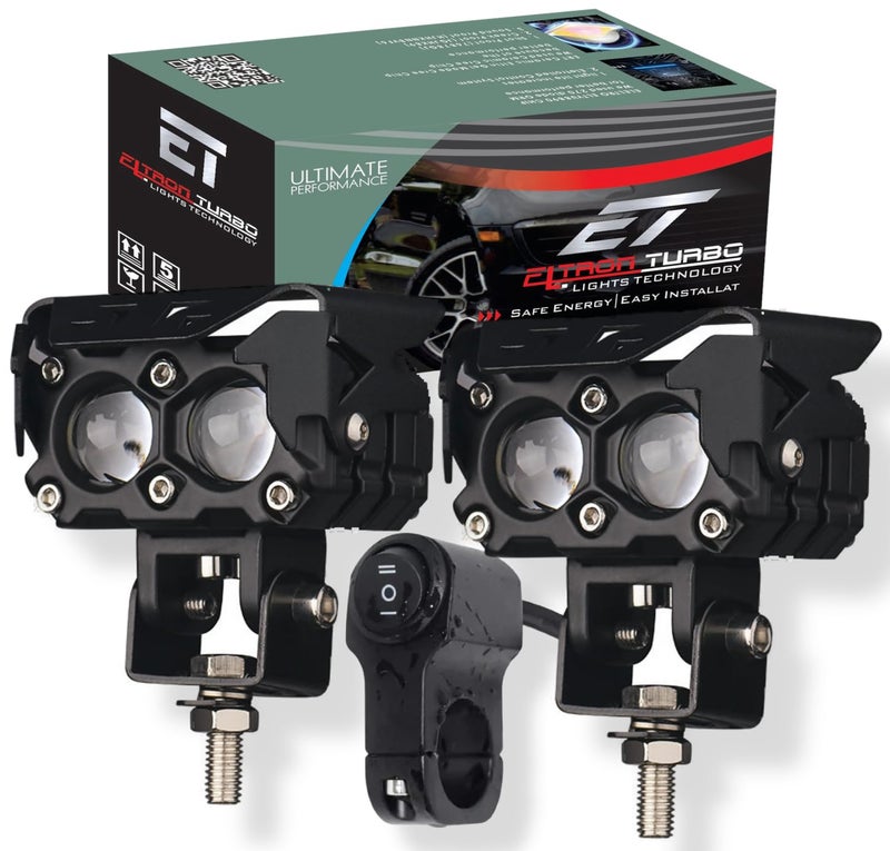 Eltron Turbo 1 Year Imported Warranty Waterproof Super High Bright Dual Lens Fog Light Universal For All Motorcycle,Cars Projector Light White & Yellow Spot Beam (Pack Of 2, 12Volts DC Power 145Watts) - Image 1