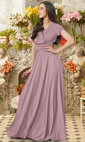 KOH KOH Women’s Long Cap Short Sleeve Flowy Cocktail Semi Formal Prom Gala Black Tie Bridesmaid Wedding Guest Work Dressy Tall Gown Gowns Maxi Dress Dresses, Dusty Pink L 12-14 - Image 3
