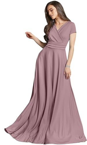 KOH KOH Women’s Long Cap Short Sleeve Flowy Cocktail Semi Formal Prom Gala Black Tie Bridesmaid Wedding Guest Work Dressy Tall Gown Gowns Maxi Dress Dresses, Dusty Pink L 12-14 - Image 1