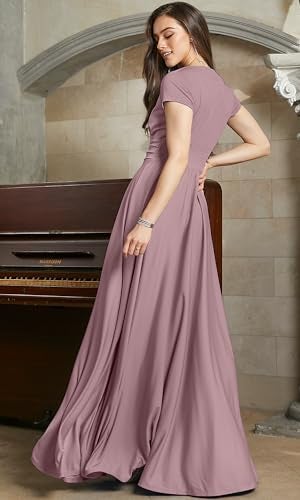 KOH KOH Women’s Long Cap Short Sleeve Flowy Cocktail Semi Formal Prom Gala Black Tie Bridesmaid Wedding Guest Work Dressy Tall Gown Gowns Maxi Dress Dresses, Dusty Pink L 12-14 - Image 4