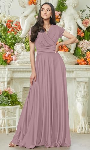 KOH KOH Women’s Long Cap Short Sleeve Flowy Cocktail Semi Formal Prom Gala Black Tie Bridesmaid Wedding Guest Work Dressy Tall Gown Gowns Maxi Dress Dresses, Dusty Pink L 12-14 - Image 2