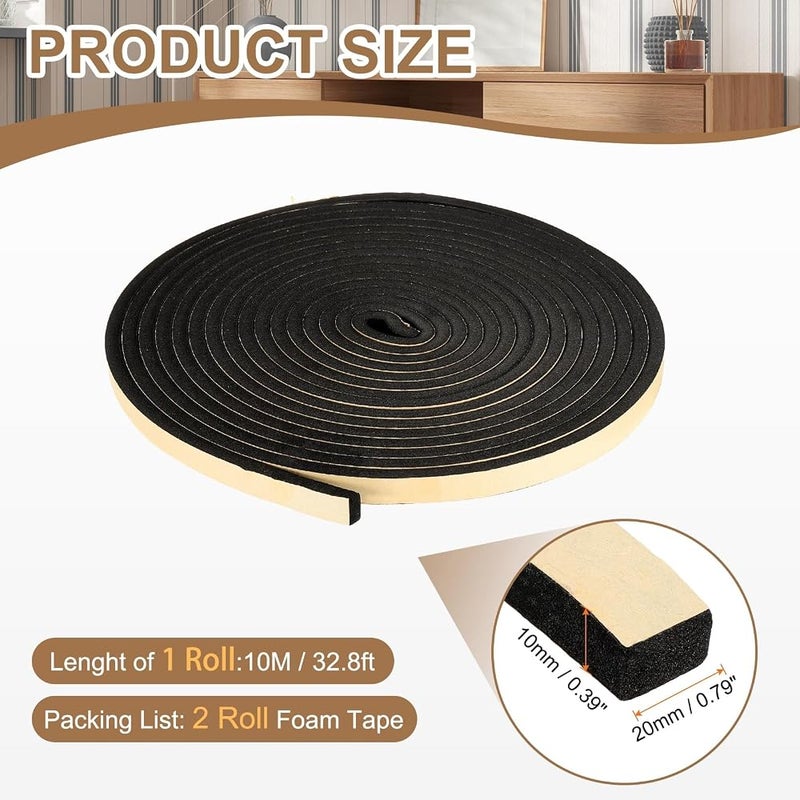 PATIKIL Foam Insulation Tape, 2Pcs 20mm W x 10mm t x 10 Meter Self Adhesive Weather Stripping Door Seal Strip for Door Window Air Conditioning, Black - Image 2