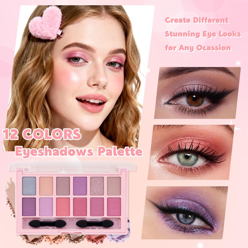 Color Nymph Makeup Set for Teen Girls Women with 2-in-1 Travel Bag, All In One Makeup Case Full Kit Includes Eyeshadow Lipgloss Eyebrow Powder Highlighter Blush Mascara Eyeliner Lipliner & Puff - Pink - Image 3