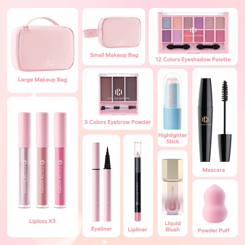 Color Nymph Makeup Set for Teen Girls Women with 2-in-1 Travel Bag, All In One Makeup Case Full Kit Includes Eyeshadow Lipgloss Eyebrow Powder Highlighter Blush Mascara Eyeliner Lipliner & Puff - Pink - Image 2