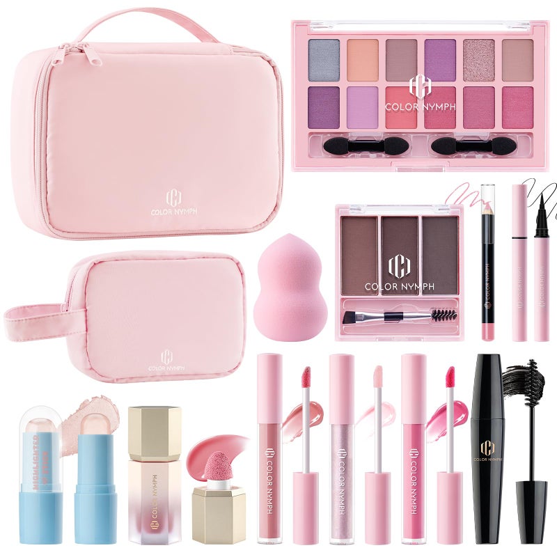 Color Nymph Makeup Set for Teen Girls Women with 2-in-1 Travel Bag, All In One Makeup Case Full Kit Includes Eyeshadow Lipgloss Eyebrow Powder Highlighter Blush Mascara Eyeliner Lipliner & Puff - Pink - Image 1