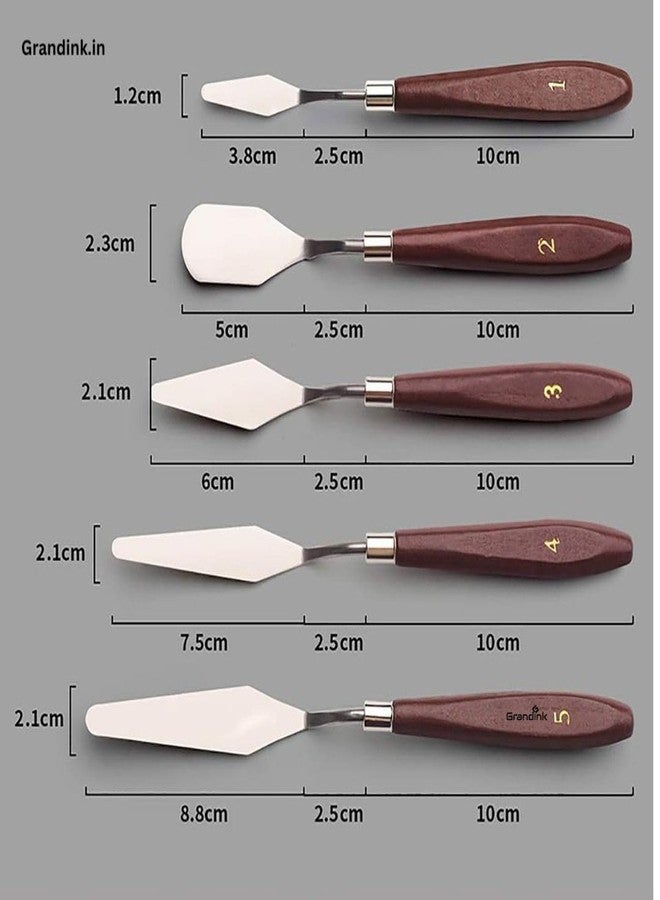 Brille Bee Painting Knives Set of 5, Stainless Steel Scraper Spatula with Polished Brown Handle, Various Sizes and Shapes, for Canvas Oil Paint Mixing - Image 2