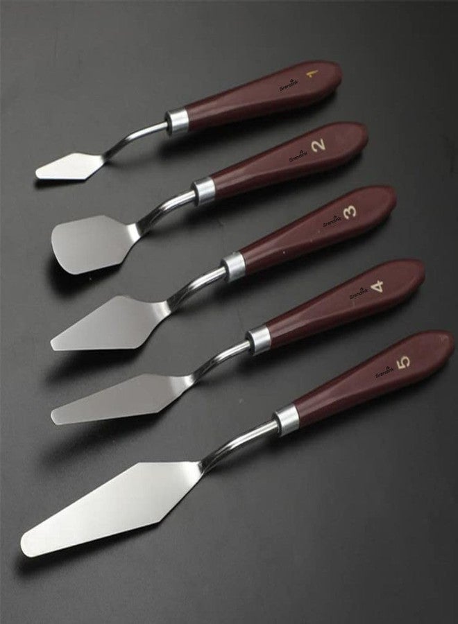 Brille Bee Painting Knives Set of 5, Stainless Steel Scraper Spatula with Polished Brown Handle, Various Sizes and Shapes, for Canvas Oil Paint Mixing - Image 1