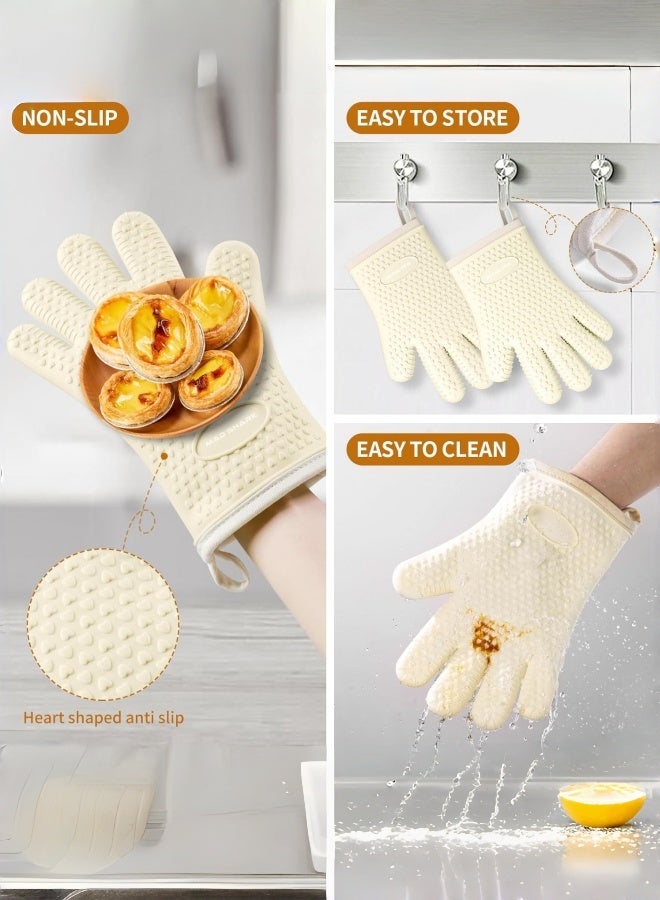 2 قطعة قفازات فرن سيليكون، قفازات فرن سيليكون مبطنة بالقطن مقاومة للماء وغير قابلة للانزلاق، قفازات فرن مقاومة للحرارة بأصابع للشواء والخبز والطهي (أبيض) - Image 4