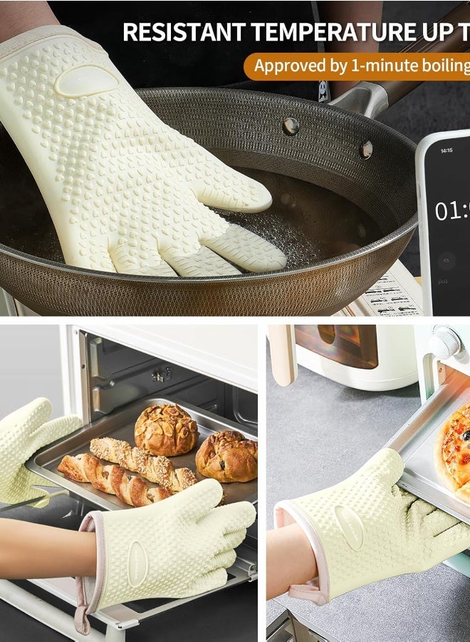 2 قطعة قفازات فرن سيليكون، قفازات فرن سيليكون مبطنة بالقطن مقاومة للماء وغير قابلة للانزلاق، قفازات فرن مقاومة للحرارة بأصابع للشواء والخبز والطهي (أبيض) - Image 3