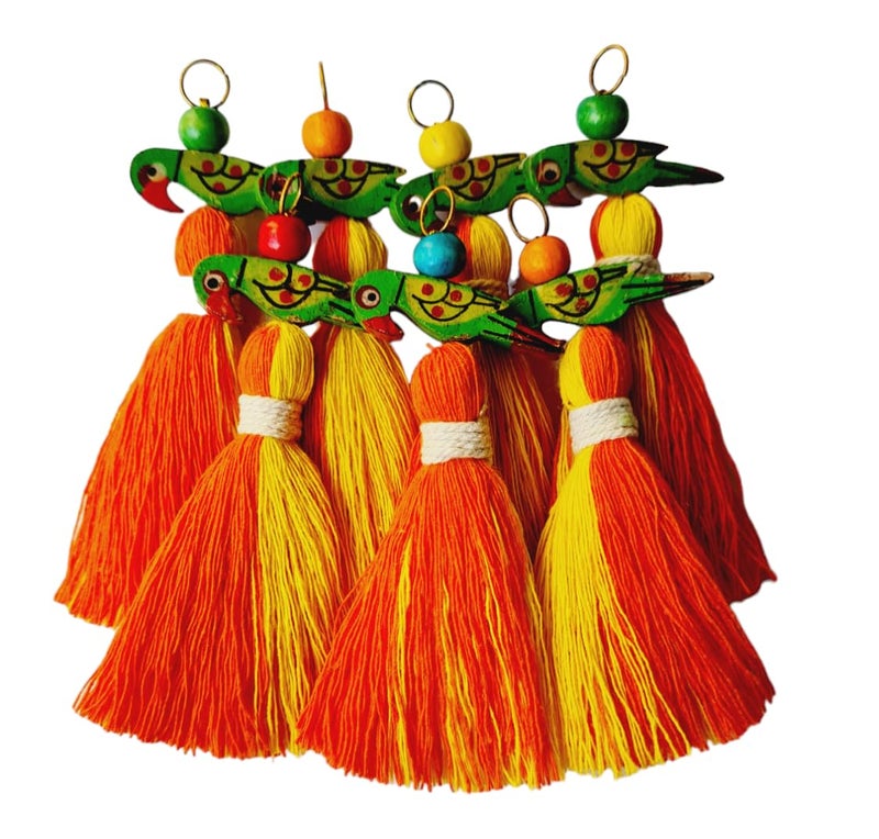 Zippy Flora Mini Cotton Tassels with Parrots (Pack of 10) (Dual-Orange & Yellow) - Image 1