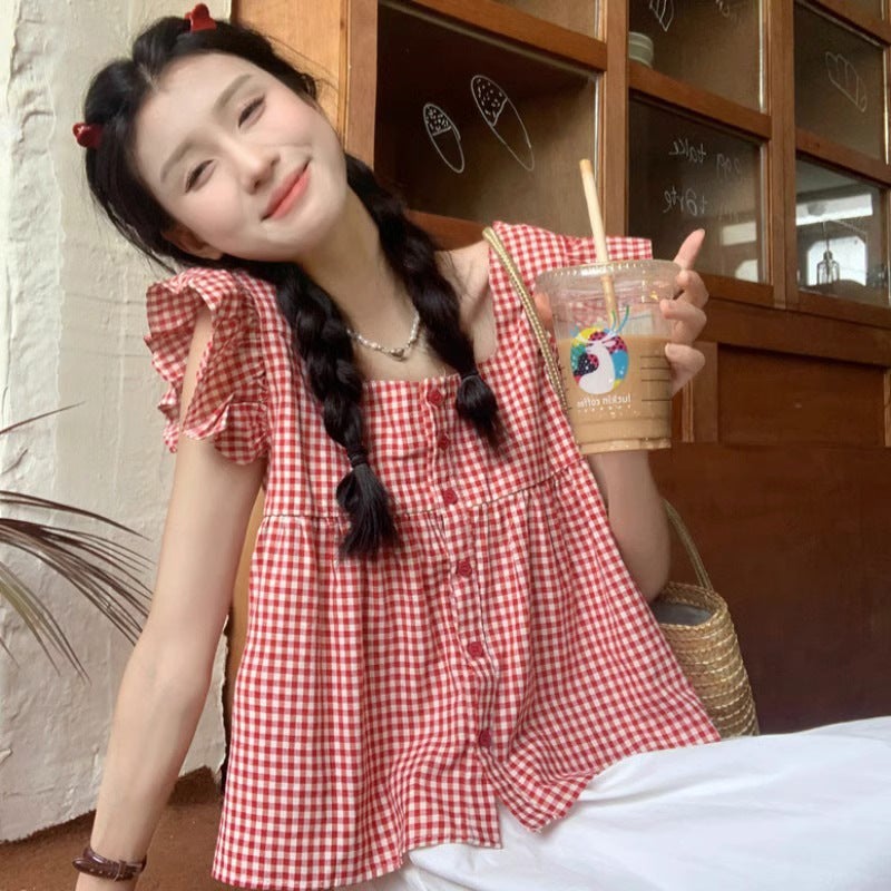 Plaid Short-Sleeved Shirt For Women Style French Small Flying Sleeve Top Design Niche Baby Doll Shirt Loose Shirt - Image 4
