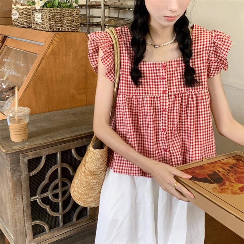 Plaid Short-Sleeved Shirt For Women Style French Small Flying Sleeve Top Design Niche Baby Doll Shirt Loose Shirt - Image 1