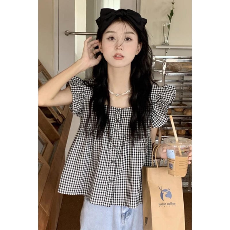 Plaid Short-Sleeved Shirt For Women Style French Small Flying Sleeve Top Design Niche Baby Doll Shirt Loose Shirt - Image 2